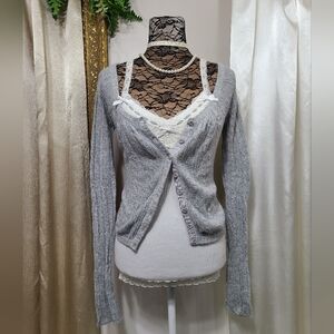 ♡ Y2K ♡ Abercrombie & Fitch Gray Rabbit Hair Cableknit Babydoll Cardigan Sweater